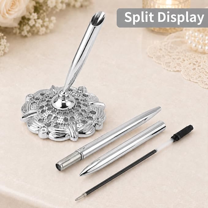 2 Pcs Gold Bridal Shower Pens for Guest Book with 360° Rotating Metal Pen Holder, Wedding Guest Book Signing Pen Set, Durable Metal Ballpoint Pens for Reception Table Decor