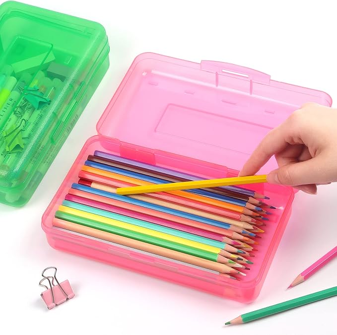 Tamaki 1 Pack Plastic Pencil Box Large Capacity, Pink | Clear Boxes with Snap-tight Lid Stackable Design and Stylish Office Supplies Storage Organizer