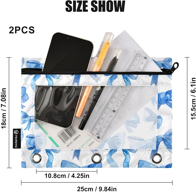 Binder Pencil Pouches Blue Ribbon Bows Watercolor Pen Case | Clear Window 3 Rings, Cosmetic Bags School Office Supplies Cosmetic Makeup Bag 2 Psc