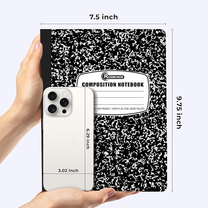 Rosmonde 100 Pack Composition Notebooks Bulk Wide Ruled, 200 Pages (100 Sheets), 9-3/4 x 7-1/2, Hard Cover, Bulk Black Marble Composition Notebook, Bulk Office Notebooks, Bulk Notebooks School Supplies