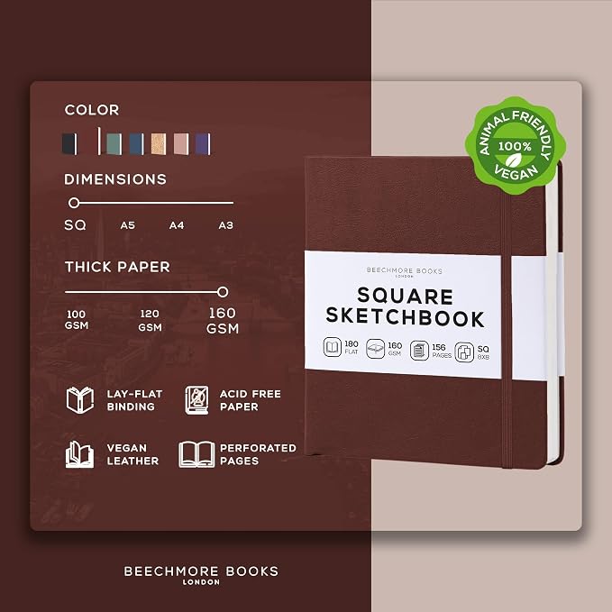 Beechmore Books Square Mixed Media Sketchbook - 8"x8" Inch Professional Art Journal, 160 GSM / 98 lb Ivory Paper, Perforated Pages, Vegan Leather Hardcover, Lay-Flat Design for Drawing & Doodling