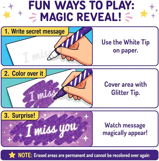 JoyCat 10-Color Erasable Glitter Markers for Kids, Dual Tip Sparkle Pens | Fun pens for kids use glitter color and white eraser tips to correct details, create highlights and reveal secret messages.