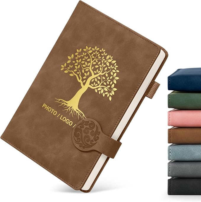 ENOMY A5 Lined Personalized Notebook Set with 10PC Pens Custom Journal for Writing Men Women Custom Notebook New Year Valentine's Day Gift, Brown