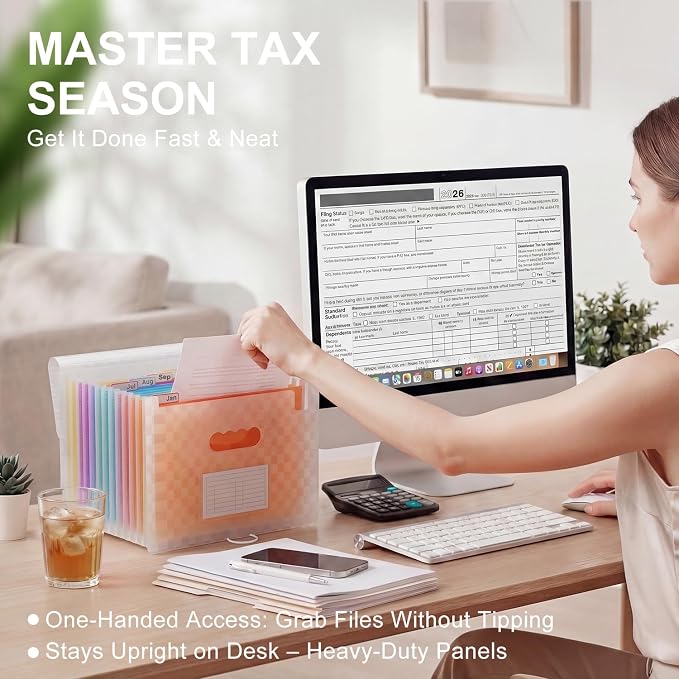 ThinkTex Accordion File Organizer, 12 - Pocket Expanding File Folders | for Paper Receipts, Bills&Taxes Organizer, Letter/A4 Size Document Holder for School, Office, Home with Colorful tabs-Orange