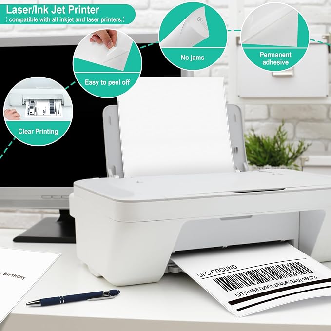 L LIKED 1500 Full Sheet Printable Sticker Paper, 8.5" x 11" White Matte Labels - 1 Label Per Sheet, Laser & Inkjet Printer Compatible, Bulk Pack for Shipping, Home & Office