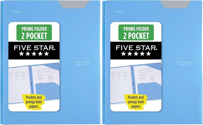 Five Star 2 Pocket Folder, Stay-Put Folder, Plastic Colored Folders with Pockets & Prong Fasteners, for Home, School Supplies & Home Office, 11” x 8-1/2”, Blue (72115) (Pack of 2)