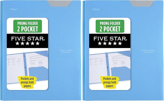 Five Star 2 Pocket Folder, Stay-Put Folder, Plastic Colored Folders with Pockets & Prong Fasteners, for Home, School Supplies & Home Office, 11” x 8-1/2”, Blue (72115) (Pack of 2)