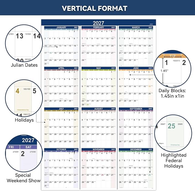 2027 Yearly Wall Calendar - Calendar 2027,Jan 2027 - Dec 2027, Yearly Planner, 34.3" x 22.8"(Open), Large Wall Calendar 27 with Premium Paper, Double-Sided Small Round Sticks, Azure