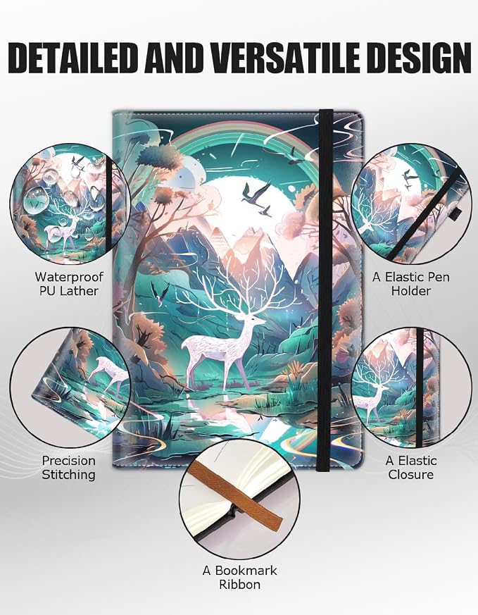 Hardcover Executive Notebooks, A5 PU Leather Lined Journal Notebook, 200 Pages Thick Paper Subject Notebooks for School,Work,Home Writing Business Notebook, Diary Book ，White Deer