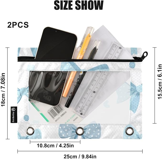 Pencil Pouch for 3 Ring Binder, Bows in Light Blue Dot Pattern Binder Pouches with Zipper Bulk, Pen Holder Case with Clear Window School Class Office Organizers