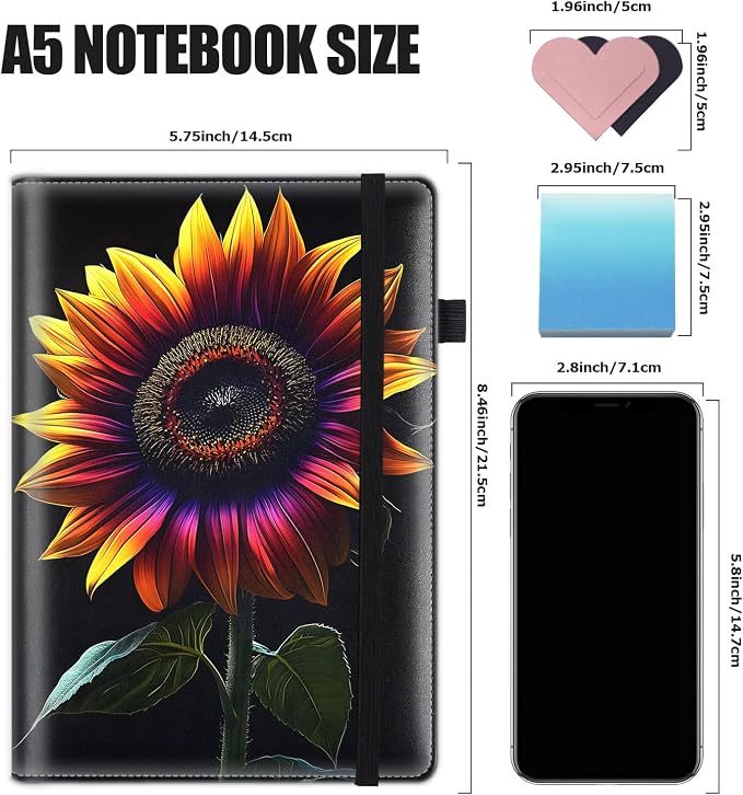 Hardcover Executive Notebooks, A5 PU Leather Lined Journal Notebook, 200 Pages Thick Paper Subject Notebooks for School,Work,Home Writing Business Notebook, Diary Book ，Colored Sunflowers