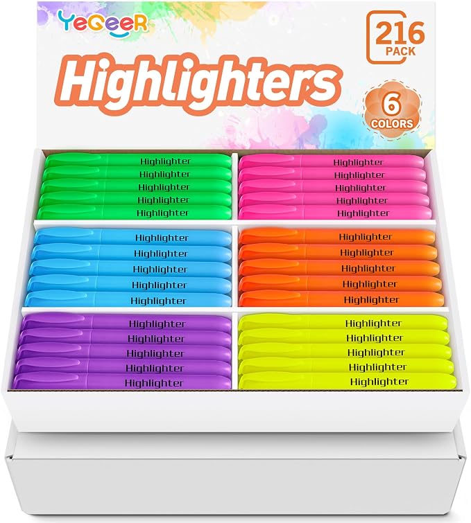 YEGEER Highlighters, Chisel Tip Dry-Quickly Highlighter Markers, 216 Count-6 Assorted Colors Highlighters Bulk Pack for Adult Kids, Office Classroom Must Have, School Supplies for Teachers