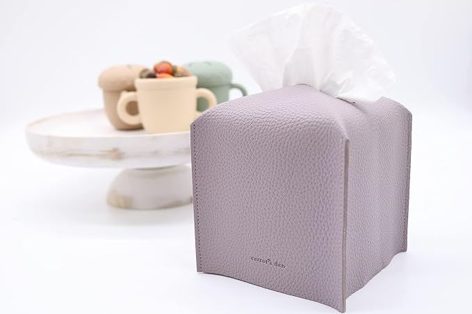 Tissue Box Cover Holder, Square with Bottom Belt by Carrot's Den - PU Leather Decorative Organizer for Tabletop, Bathroom, Car, Office | Lavender