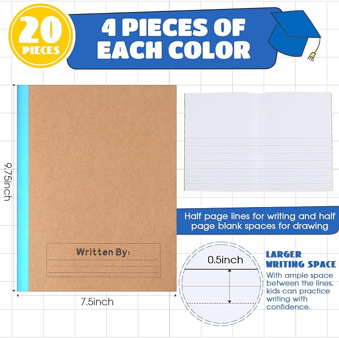 Henoyso 20 Pack Primary Composition Notebook, 9-3/4" x 7-1/2", Kids Primary Journal, K-2 Writing Notebook for Kids Student Draw Write Story Journal Half Blank Books(Blue)