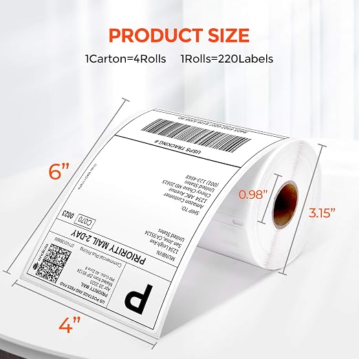 MUNBYN 4"x6" Thermal Shipping Labels, 880 PCs/4 Rolls(220 Pcs per Roll) | PerforatPostage Paper Compatible with MUNBYN and Other Printers, No BPA and BPS, Print Clear and Sharp, Strong Adhesive