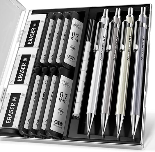 4PCS Metal Mechanical Pencil Set, 0.7mm Medium Point Pack with Storage Case | 480 Leads, 3 Erasers+9 Refills, For School Writing, Sketching, Art Drawing & Professional Drafting