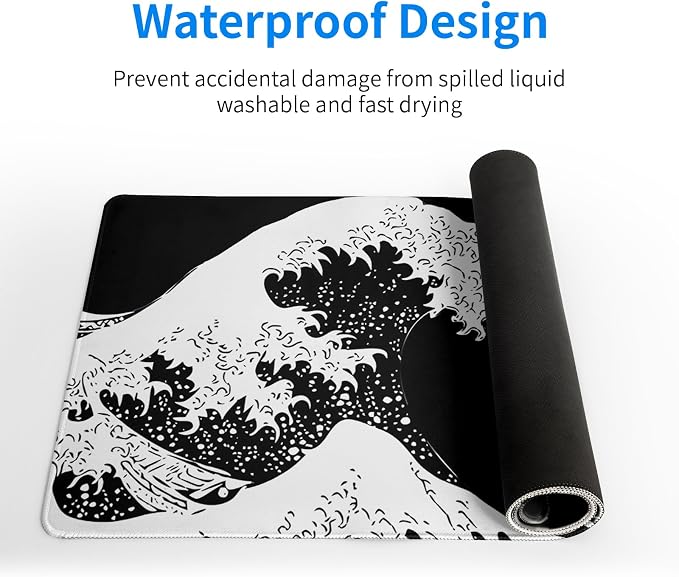Japanese Sea Wave Large Mouse Pad, Abstract Black Gaming Mousepad, Extended Kanagawa Mat Desk Pad, 3mm Thick Long Non-Slip Rubber Base Mice Pad for Office and Home, 27.6x11.8 Inch
