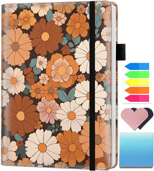 A5 Leather Lined Journal Notebook, 200 Pages Hardcover Executive Notebook for Men Women Office School Note Taking, Thick Writing Paper Daily Journal with Bookmarks/Indexes, Cute Flower Painting