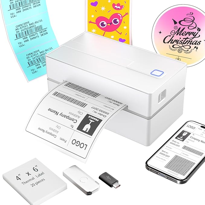 Thermal Shipping Label Printer 4x6 Bluetooth Label Maker for Small Business | Wireless Mailing Shipping Printer for USPS UPS Amazon Shopify Etsy - Compatible with iPhone Android Windows & Mac (White)