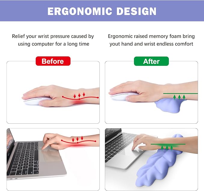 Keyboard Wrist Rest Pad Set, Leaf Shape PU Leather Memory Foam Cushion Support, Mouse Rest Pad, Non-Slip Support for Easy Typing Pain Relief, Purple Leaf