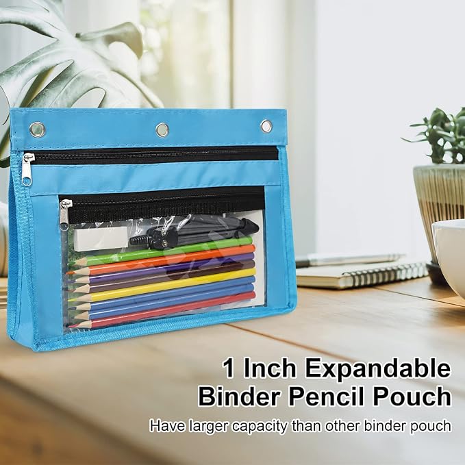 YoeeJob 2 Pack 1 Inch Expandable Zipper Pencil Pouches with Clear Window for 3 Ring Binder, Suitable for School & Office(Sky Blue)