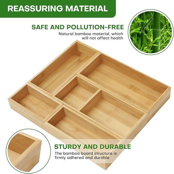 MapleGrace Bamboo Drawer Organizer Set, Individual Wood Storage Organizers | 5 PCS Multi-Use Junk Drawer Divider, Storage Trays Containers for Kitchen, Bathroom, Office Desk, Makeup, Jewelry, Utensils