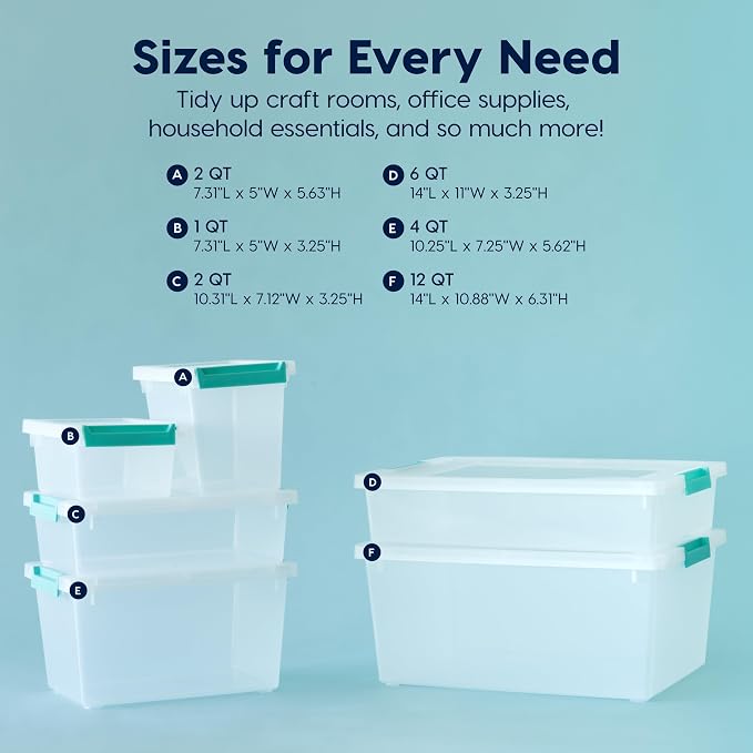 IRIS USA 2 Qt. Craft Storage Bins with Lids, 6-Pack, |Made in USA|, Clip Box, Small Plastic Sensory Bin Tote Organizer Containers for Art Supplies, Paper, & Office, Stackable - Clear/Seafoam Blue