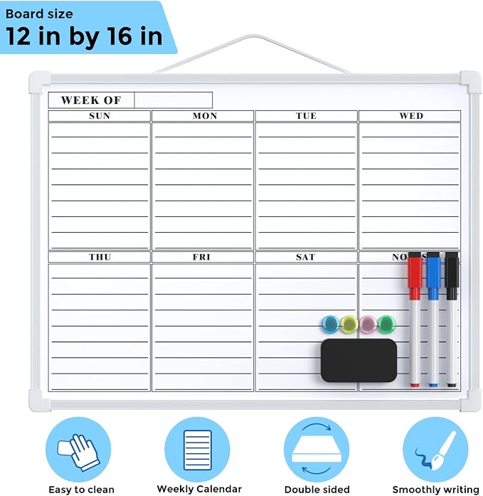 MaxGear Weekly Calendar Dry Erase Board for Wall, 16"x12", White Frame | Double-Sided, Hanging Small White Board, Portable Whiteboard for Planning, Drawing, Memo, to Do List, Home, Kitchen, Office