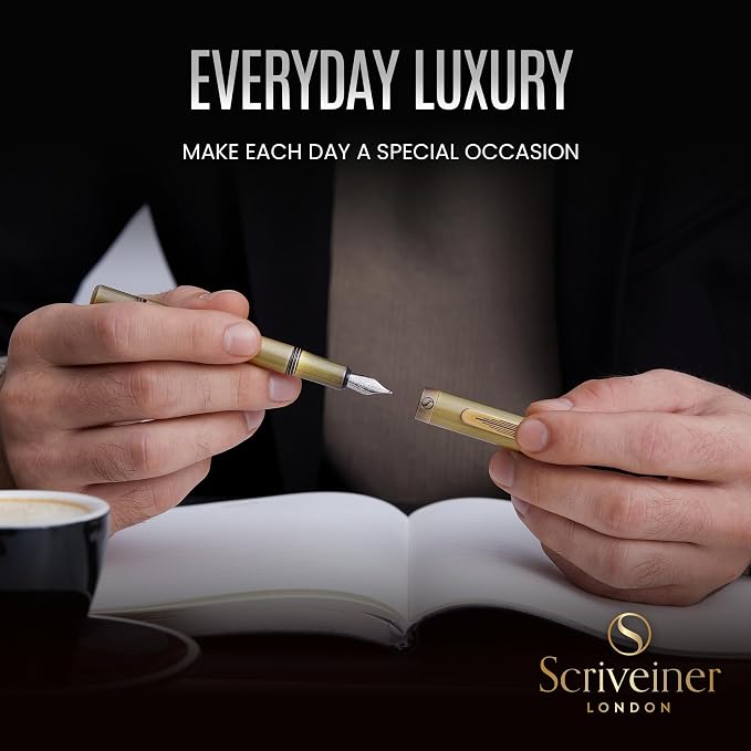 Scriveiner Luxury EDC Fountain Pen (Medium), Stunning Heavy Brass Pocket Pen, Hand Brushed Bronze Finish, Schmidt German Nib Converter, Best Writing Pen Gift Set for Men Women, Nice Fancy Designer Pen
