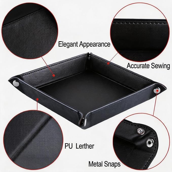 Valet Tray Desktop Storage Organizer – Vegan Leather Catchall Tray Bedside Vanity Tray Nightstand Caddy Holder for Remote Controller, Watch, Keys, Phone, Wallet, Coin, Jewelry, Black