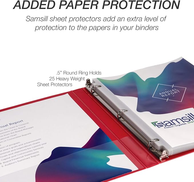 Samsill 4 Pack Durable 0.5 Inch 3 Ring Binders, Round Ring, Clear View Cover for Presentations, Red