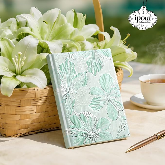 Flower Notebook, Hardcover, Lay Flat, A5, 6x8, Wide Ruled Pages, Writing Journal for Women, Pretty Notebook, Recipe Journal, Garden Journal, Gratitude Journal, Lily Gifts, Green