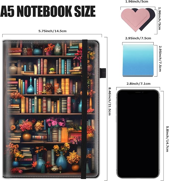 Hardcover Executive Notebooks, A5 PU Leather Lined Journal Notebook, 200 Pages Thick Paper Subject Notebooks for School,Work,Home Writing Business Notebook, Diary Book ，Retro Bookshelf