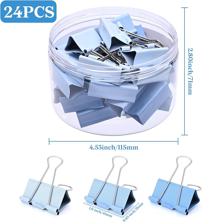 Temiary Aesthetic Binder Clips, Large Metal Binder Clip with Clear Storage Container, Binding Paperwork Clamps for School Teachers Office Supplies (Blue 1.6 Inch, 24P)