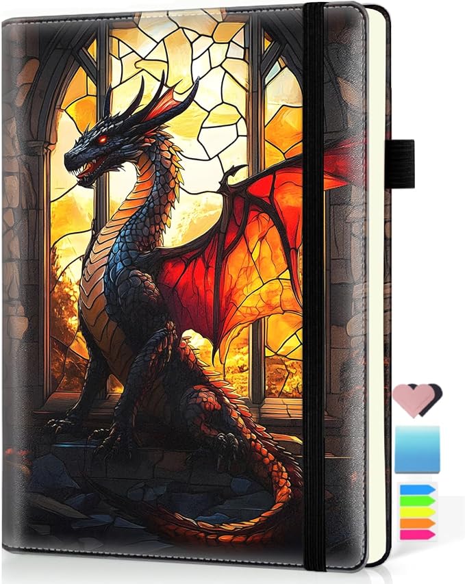 Hardcover Executive Notebooks, A5 PU Leather Lined Journal Notebook, 200 Pages Thick Paper Subject Notebooks for School,Work,Home Writing Business Notebook,Diary Book,Stained Glass Red Glass Dragon