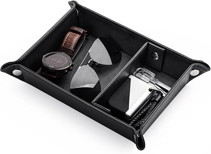 Valet Tray for Men PU Leather Tray Organizer with Partition Luxurious | Night Stand During Trays Storage Keys, Watch & Practical Storage for Table Nightstand Living Room Bedroom (Black)