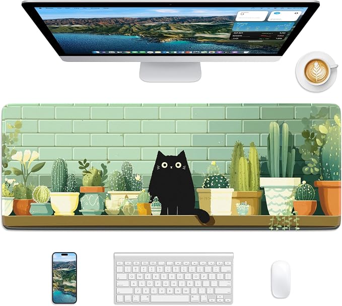 Cute Cat Mouse Pad, 31.5 x 11.8 Large Desk Mat with Stitched Edges & Non-Slip Base, Mousepad for Office, Home, Work