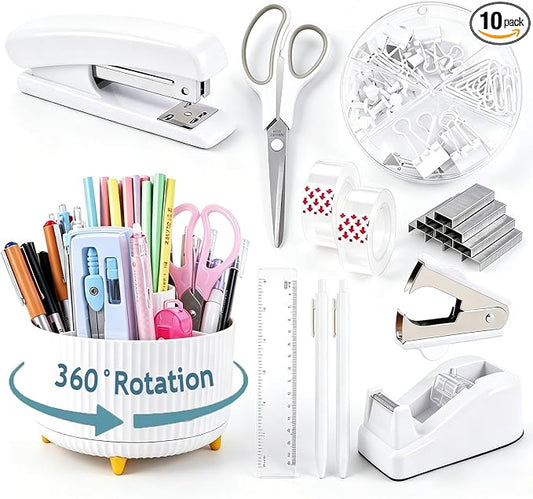 Gawsey White Desk Organizers and Accessories with Desk Organizer 360° Rotating Pen Holder and Office Supplies, Cute Stationery Supplies Set