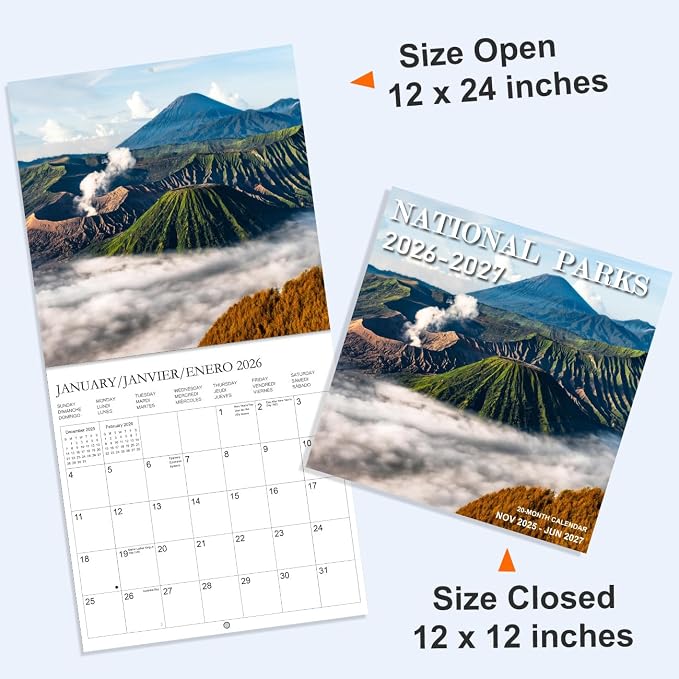 Calendar 2026 - Wall Calendar from January 2026 to June 2027, 3 Languages(English,French,Spanish), 2026 Calendar with Holiday Marked, Premium Paper for Organizing, 12" x 12",National Park - B
