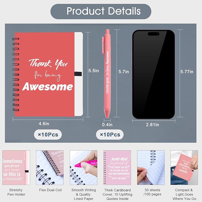 10 Sets/20 Pcs Employee Appreciation Gifts Bulk – Inspirational Notebooks with Motivational Pens, Small Notepads for Coworkers, Office Staff, Team, Volunteer, Nurse, Teachers, Housekeeping (Pink)