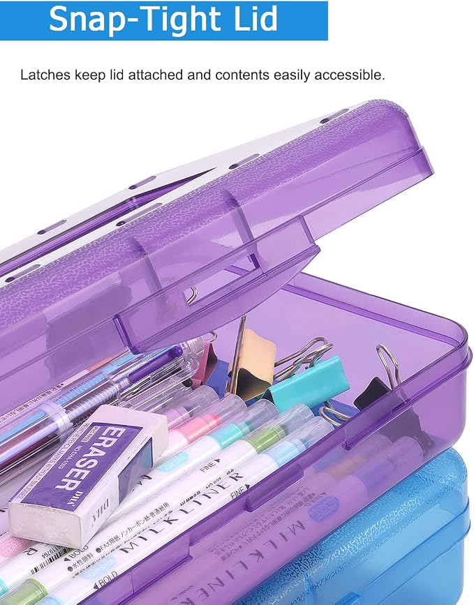 Tamaki 1 Pack Plastic Pencil Box Large Capacity, Purple | Clear Boxes with Snap-tight Lid Stackable Design and Stylish Office Supplies Storage Organizer