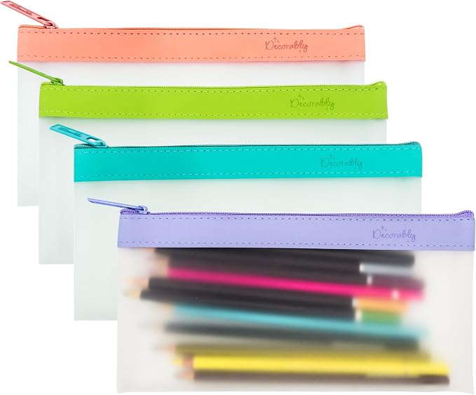 Decorably 4 Pack Clear Pencil Pouches with Zipper, 8.5x4.25in TPU | See-Through Pencil Case & Pen Bag in 4 Colors for School Supplies, Cosmetics, Makeup & Travel - Pouch for Girls & Teens