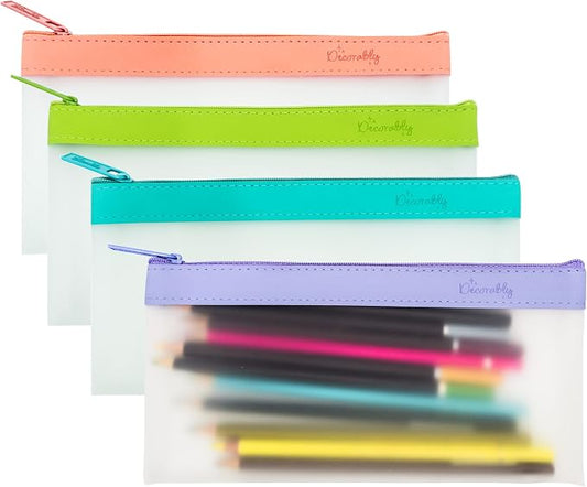 Decorably 4 Pack Clear Pencil Pouches with Zipper, 8.5x4.25in TPU | See-Through Pencil Case & Pen Bag in 4 Colors for School Supplies, Cosmetics, Makeup & Travel - Pouch for Girls & Teens