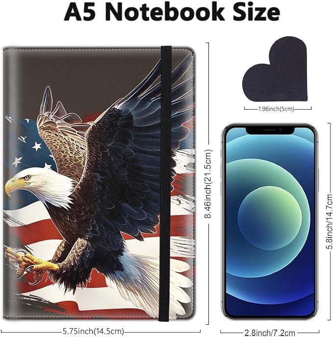 A5 Leather Lined Journal Notebook, 200 Pages Hardcover Executive Notebook for Office School Note Taking, Thick Writing Paper Daily Journal with Bookmarks/Indexes, American Flag Bald Eagle