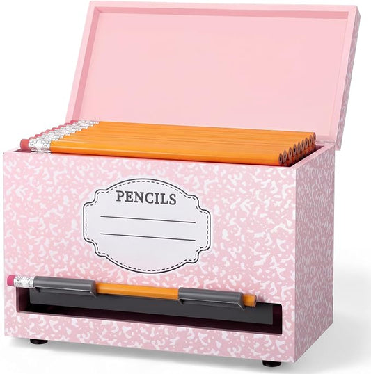 Yalikop 1 Pc Wooden Pencil Dispenser for Classroom Pastel Wood Pencils Holder for up to 200 Pencils Reusable Straw Dispenser for Home Office Teachers Supplies Storage (Notebook,Pink)
