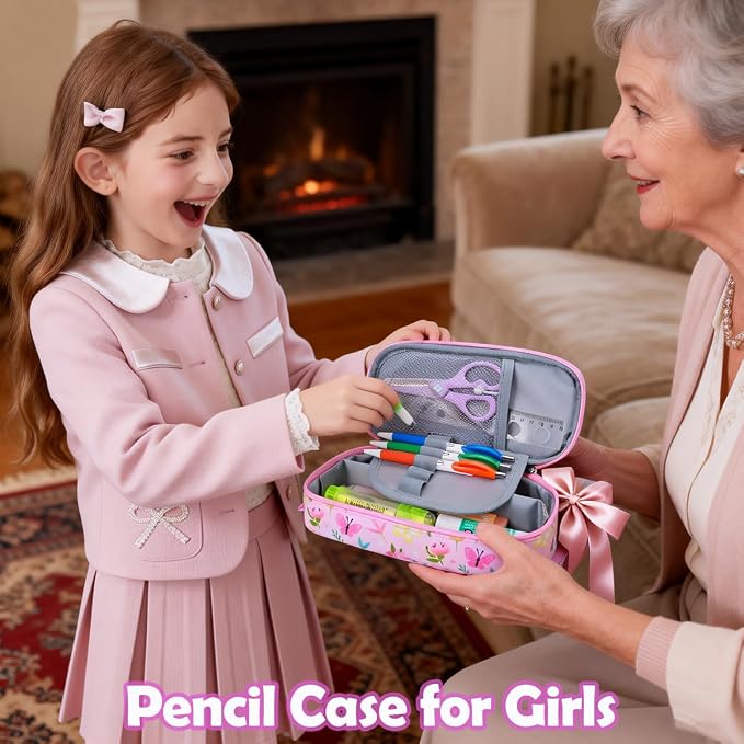 RHCPFOVR Kids Pencil Case for Girls-Soft Zipper Large Capacity Pencil Pouch for Girls Pencil Case for School Pencil Bag for Toddler (Pink Butterfly)