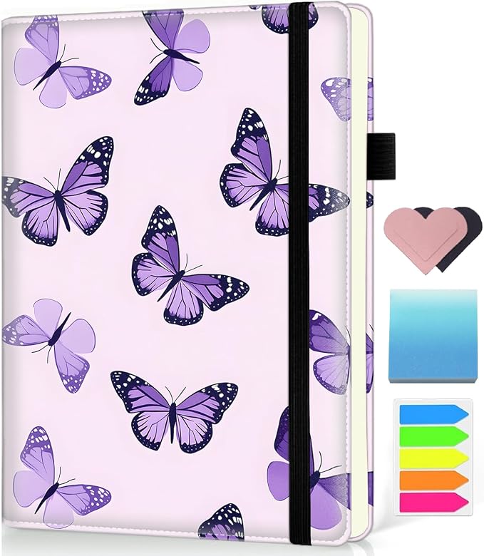 Hardcover Executive Notebooks, A5 PU Leather Lined Journal Notebook, 200 Pages Thick Paper Subject Notebooks for School,Work,Home Writing Business Notebook, Diary Book ，Purple Butterflies