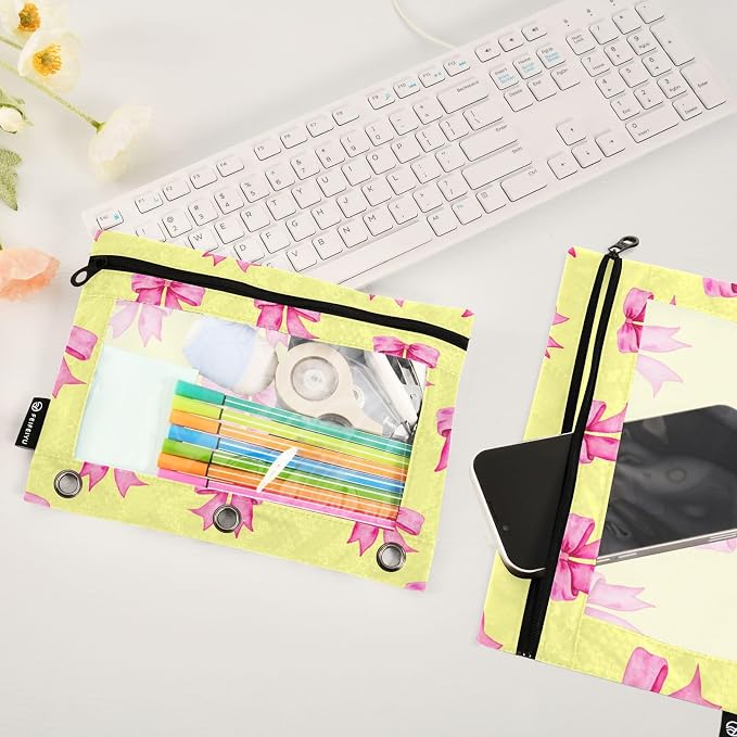 Yellow Bows Tie Pencil Pouch Fits Standard 3-Ring Binders, Zipper Binder Pencil Bag with Clear Window for Office 2 Pack