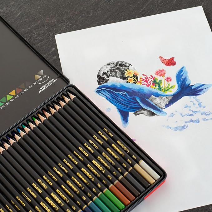Kores - Kolores Selection: 24 Coloured Pencils for Adults & Artists, FSC wood with Soft Lead, Triangular Shape, Premium Arts and Hobby Supplies, Set of 24 Assorted Colours in metal case