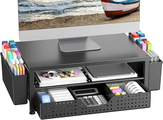 Monitor Riser, Laptop Stand for Desk, Office Desk Organizer and Accessories, Computer Monitor Stand, Desktop Shelf with Drawer and Pen Holder, Printer Stand for Home, Office, Dorm (Black)